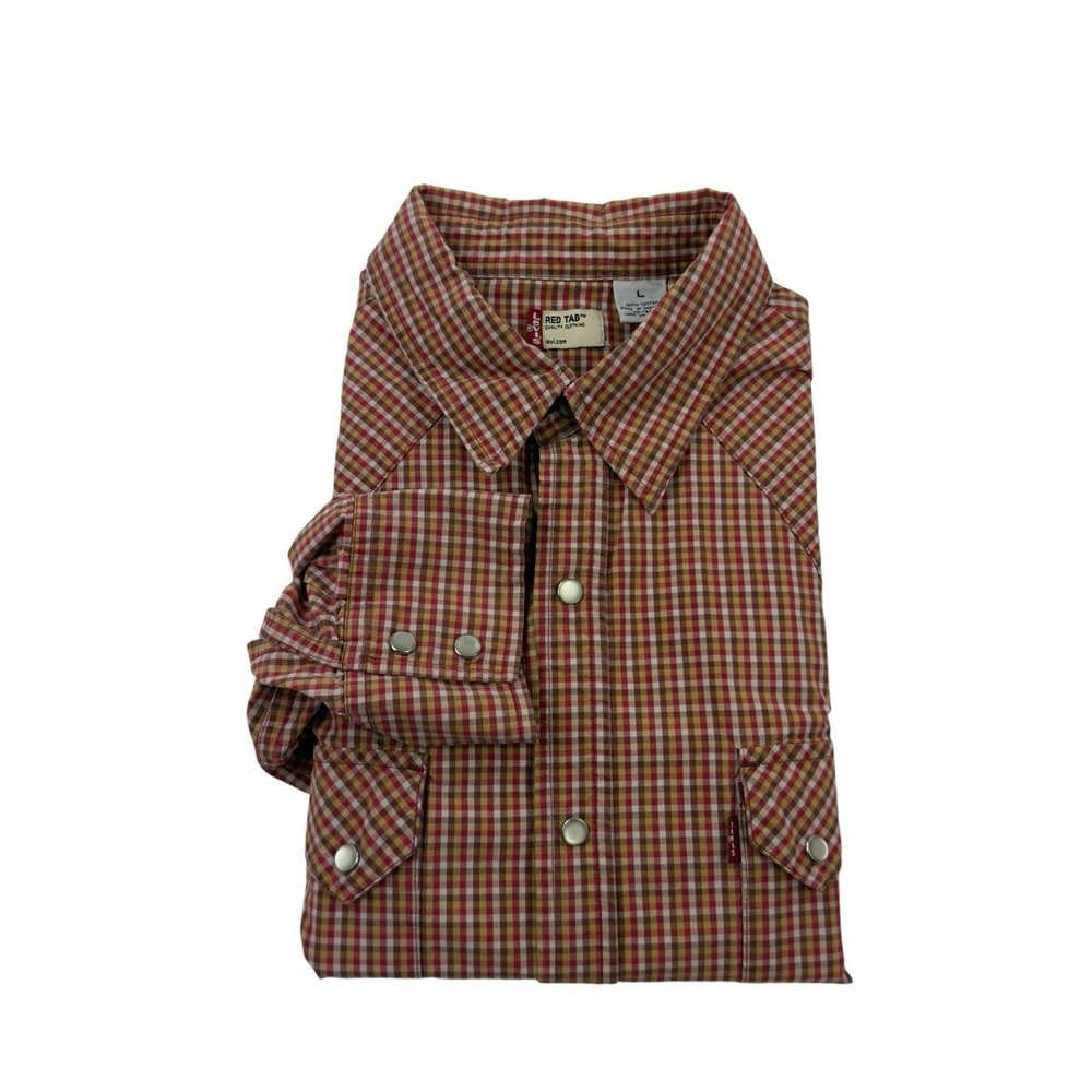 Levi's Red Brown Check Pearl Snap Red‎ Tab Sawtooth Pocket Shirt Men's Large